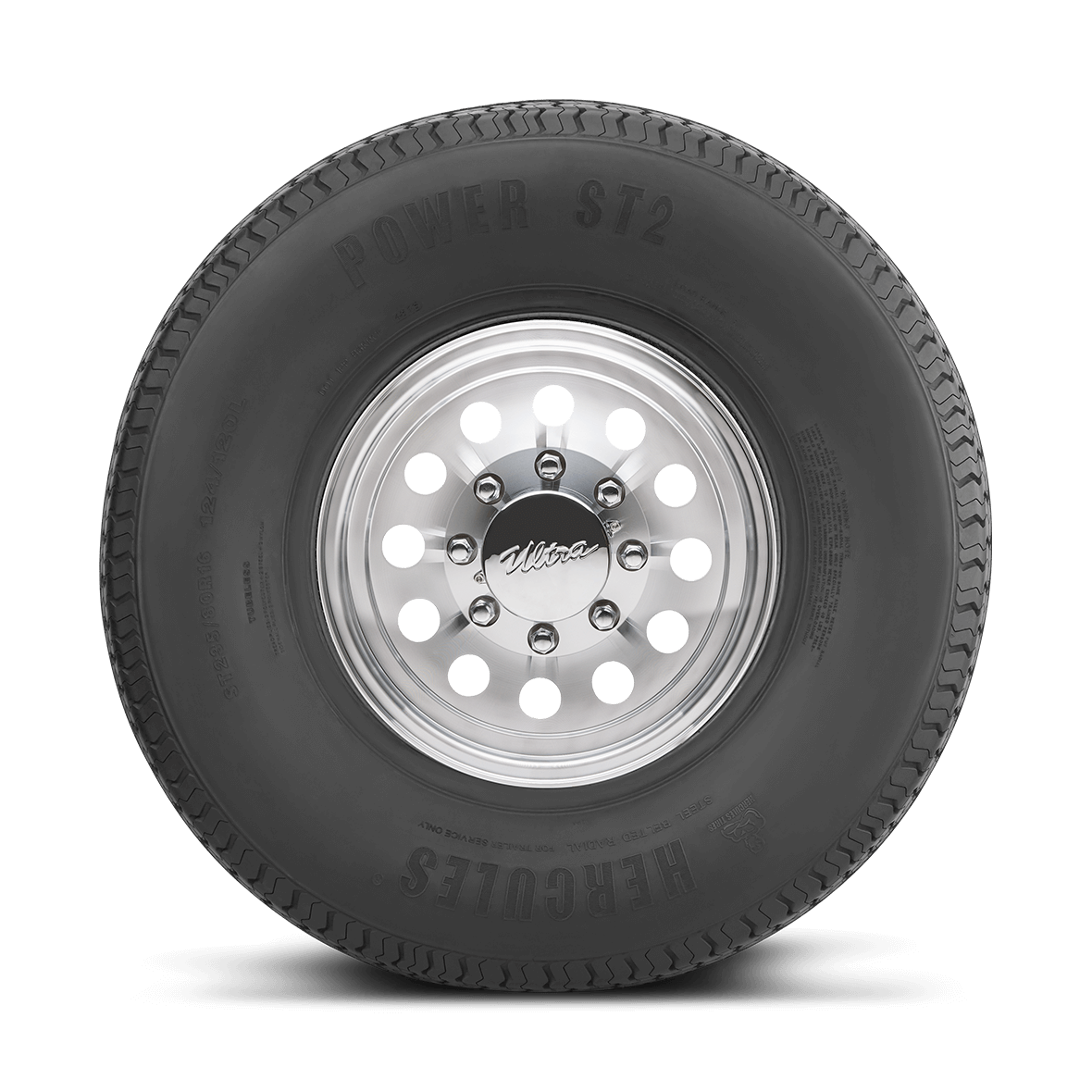 Straight on view of the Power Specialty Trailer 2 sidewall design and rim on a white background. 