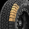 A front-facing view of the X-Venture's tread design. The contact patch is highlighted in yellow from shoulder to shoulder. The tusk groove design allows for special winter weather traction, giving this tire a 3 Peak Mountain Snowflake certification. 
