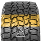 A front-facing view of the X-Venture's tread design. The contact patch is highlighted in yellow from shoulder to shoulder. The tusk groove design allows for special winter weather traction, giving this tire a 3 Peak Mountain Snowflake certification. 