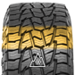 A front-facing view of the X-Venture's tread design. The contact patch is highlighted in yellow from shoulder to shoulder. The tusk groove design allows for special winter weather traction, giving this tire a 3 Peak Mountain Snowflake certification.