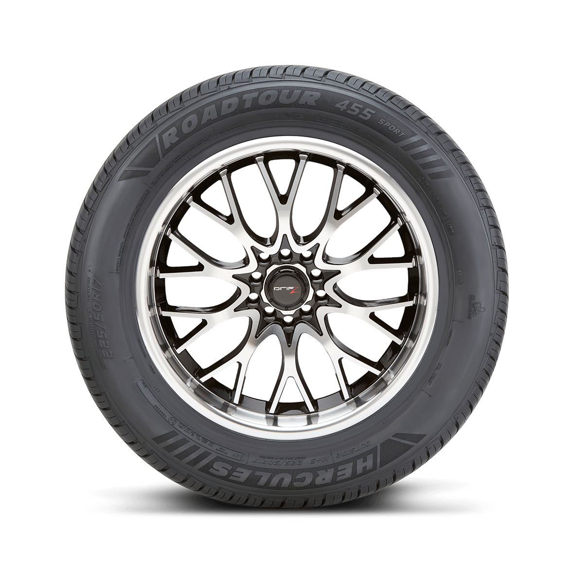 Straight on view of the Roadtour 455 Sport sidewall design and rim on a white background. 