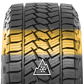 A front-facing view of the X-Journey's tread design. The contact patch is highlighted in yellow from shoulder to shoulder. The design allows for special winter weather traction, giving this tire a 3 Peak Mountain Snowflake certification. 