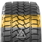 A front-facing view of the X-Journey's tread design. The contact patch is highlighted in yellow from shoulder to shoulder. The design allows for special winter weather traction, giving this tire a 3 Peak Mountain Snowflake certification.