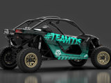 A sideview of a green and black UTV featuring the hashtag #TEAMTIS and gold rims