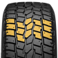 A front-facing image of the XUV tire tread with the pattern highlighted in yellow. The symmetric design allows for a slower, more even wear. 