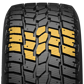 A front-facing image of the XUV tire tread with the pattern highlighted in yellow. The symmetric design allows for a slower, more even wear.