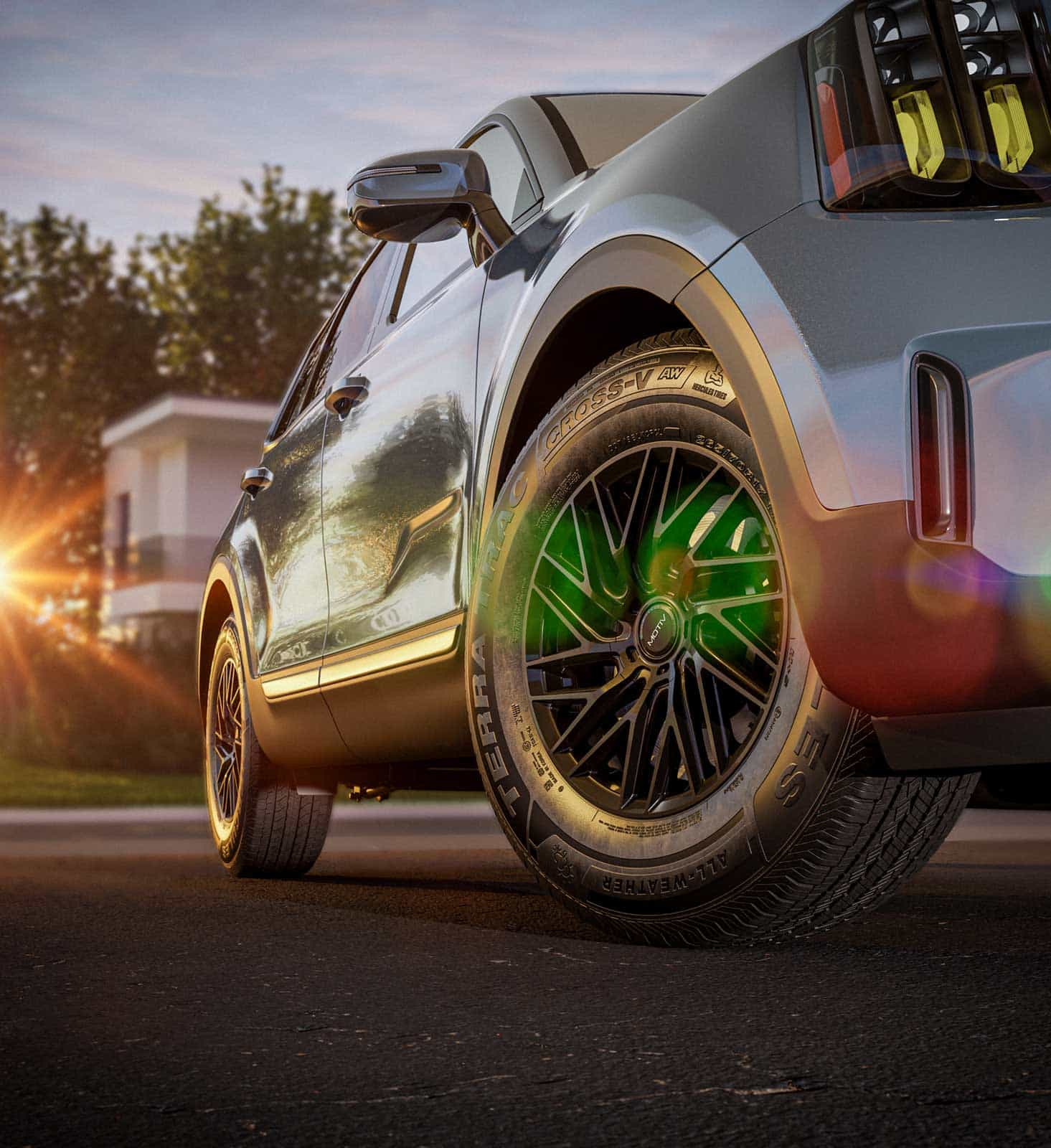 A head-on shot of the Terra Trac Cross-V AW tire, positioned as seen on a vehicle.