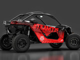 A sideview of a red and black UTV featuring the hashtag #TEAMTIS