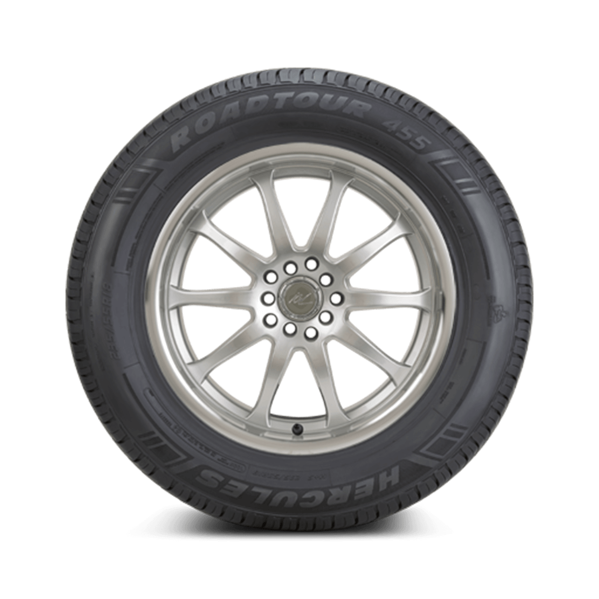 Straight on view of the Roadtour 455 sidewall design and rim on a white background. 