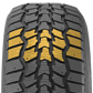 A front-facing image of the RT tire tread with the pattern highlighted in yellow. The pattern creates an arrow that travels around the tire for minimal noise from driving. 