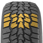 A front-facing image of the RT tire tread with the pattern highlighted in yellow. The pattern creates an arrow that travels around the tire for minimal noise from driving.