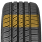A close-up view of the RT-5's shoulder, with the CoolCourse teardrop shaped sipes highlighted in yellow. This patented design allows for better heat reduction, increasing tire grip and longevity.