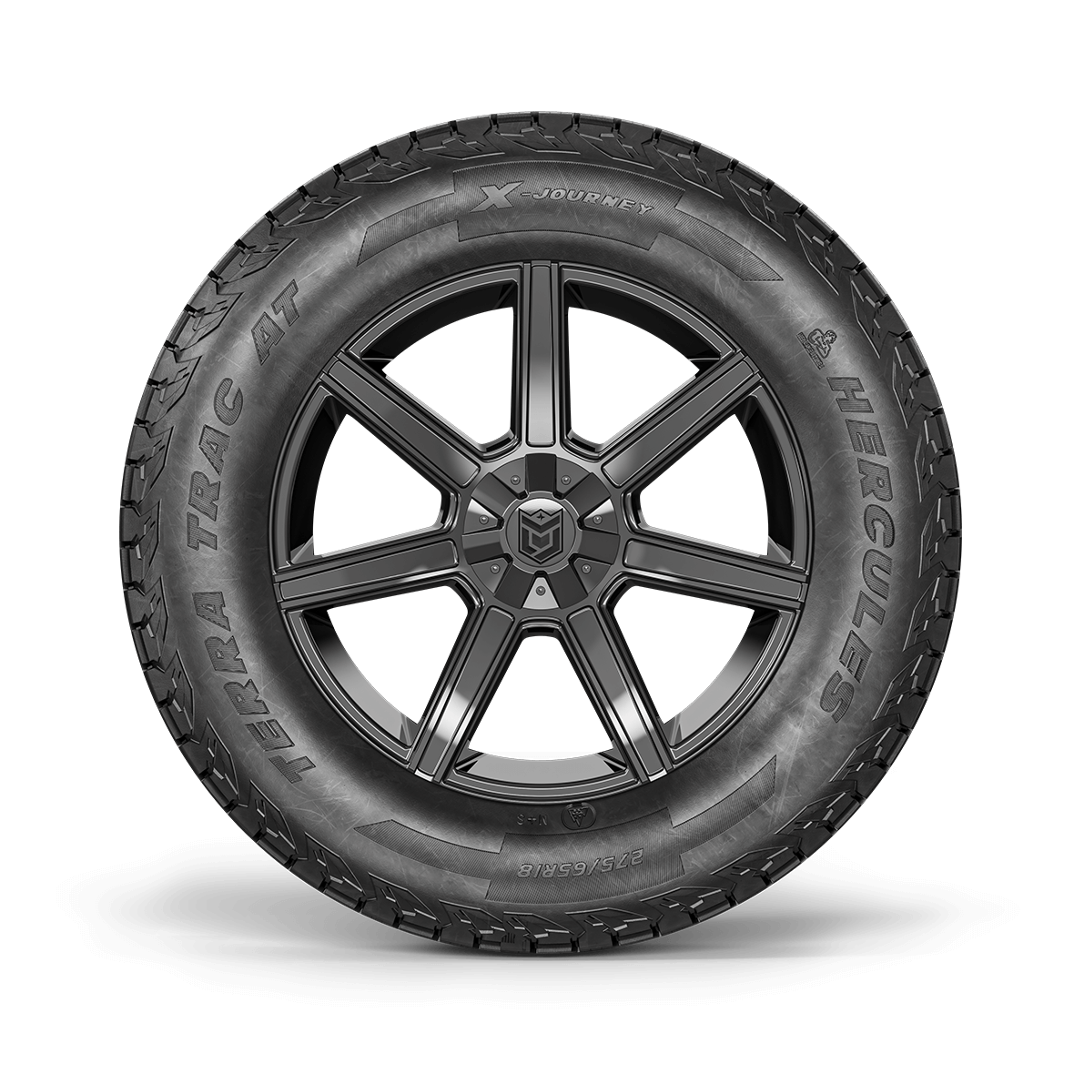 Straight on view of the Terra Trac AT-X Journey sawtooth-styled sidewall design and rim on a white background. 