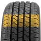 A 3D rendered image of the Cross-V's tread pattern, with the grooves and lateral grooves highlighted in yellow. This groove pattern (Z shapes across the tire) allows for better braking. 