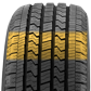 A 3D rendered image of the Cross-V's tread pattern, with the grooves and lateral grooves highlighted in yellow. This groove pattern (Z shapes across the tire) allows for better braking.