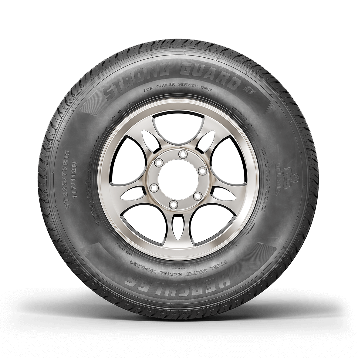 Straight on view of the Strong Guard Specialty Trailer sidewall design and rim on a white background. 