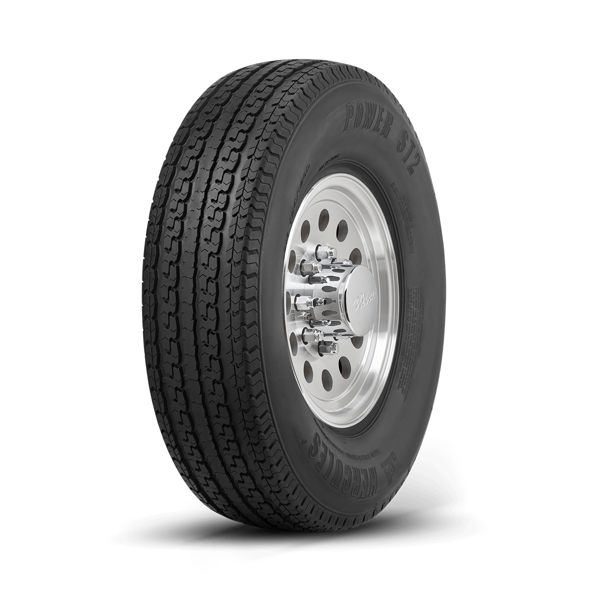 Left side tread and rim view of the Power Specialty Trailer 2 tire on a white background. 