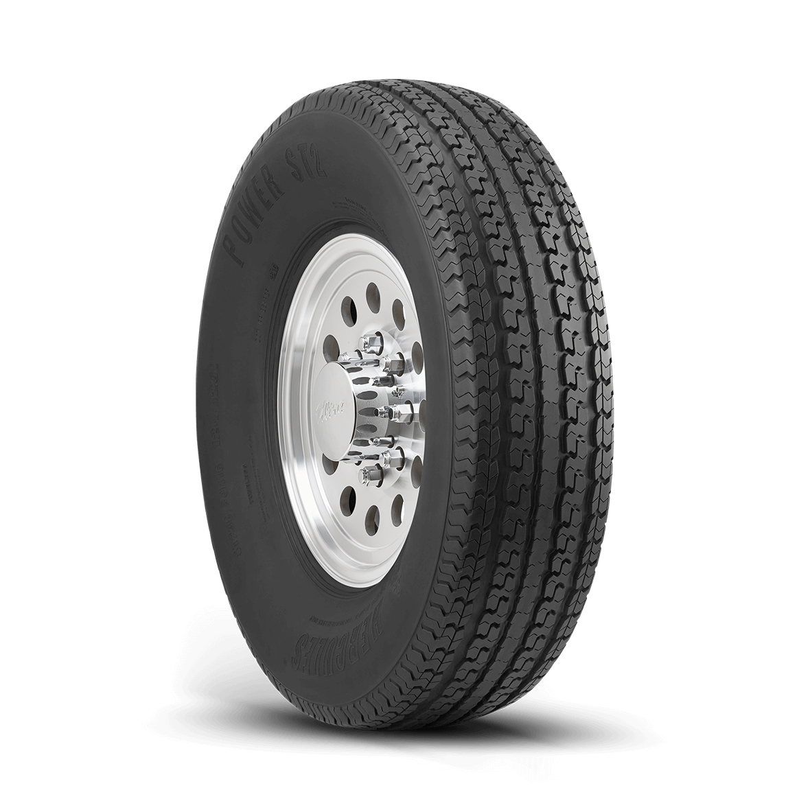Right side read and rim view of the Power Specialty Trailer 2 tire on a white background