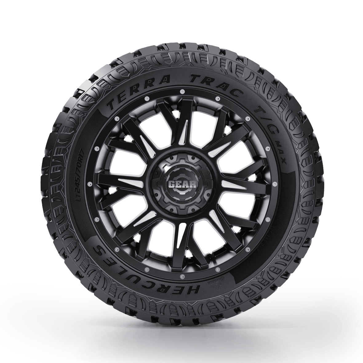 Straight on view of the Terra Trac TG Max sidewall design and rim on a white background. 