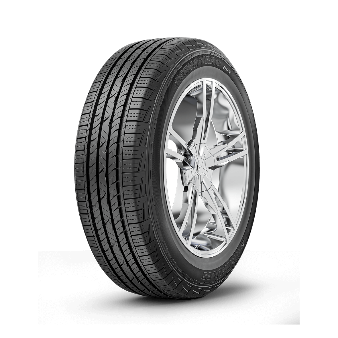 Left side tread and rim view of the Terra Trac High Performance Trailer tire on a white background. 
