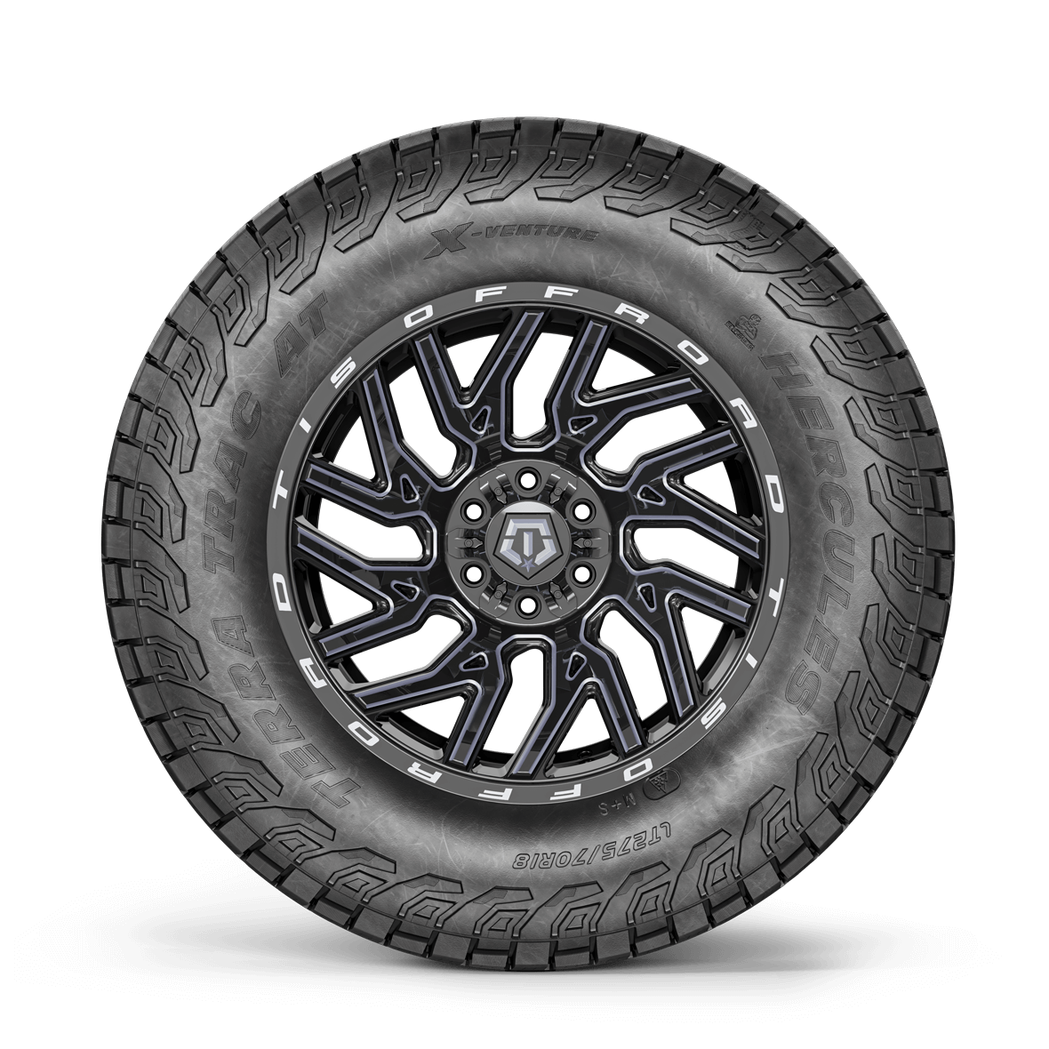 Straight on view of the Terra Trac AT-X Venture sidewall design and rim on a white background. 