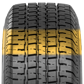 A 3D rendered image of the Strong Guard ST tire with the tread highlighted in yellow. The strong center rib of the tread allows for even pressure distribution.