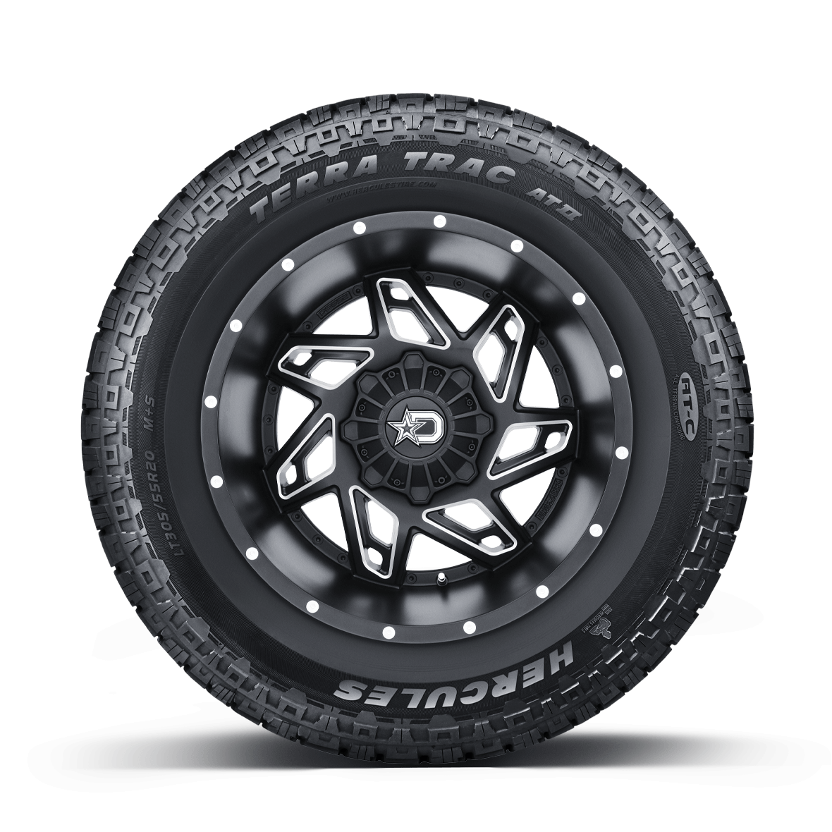 Straight on view of the Terra Trac AT II sidewall design and rim on a white background. 