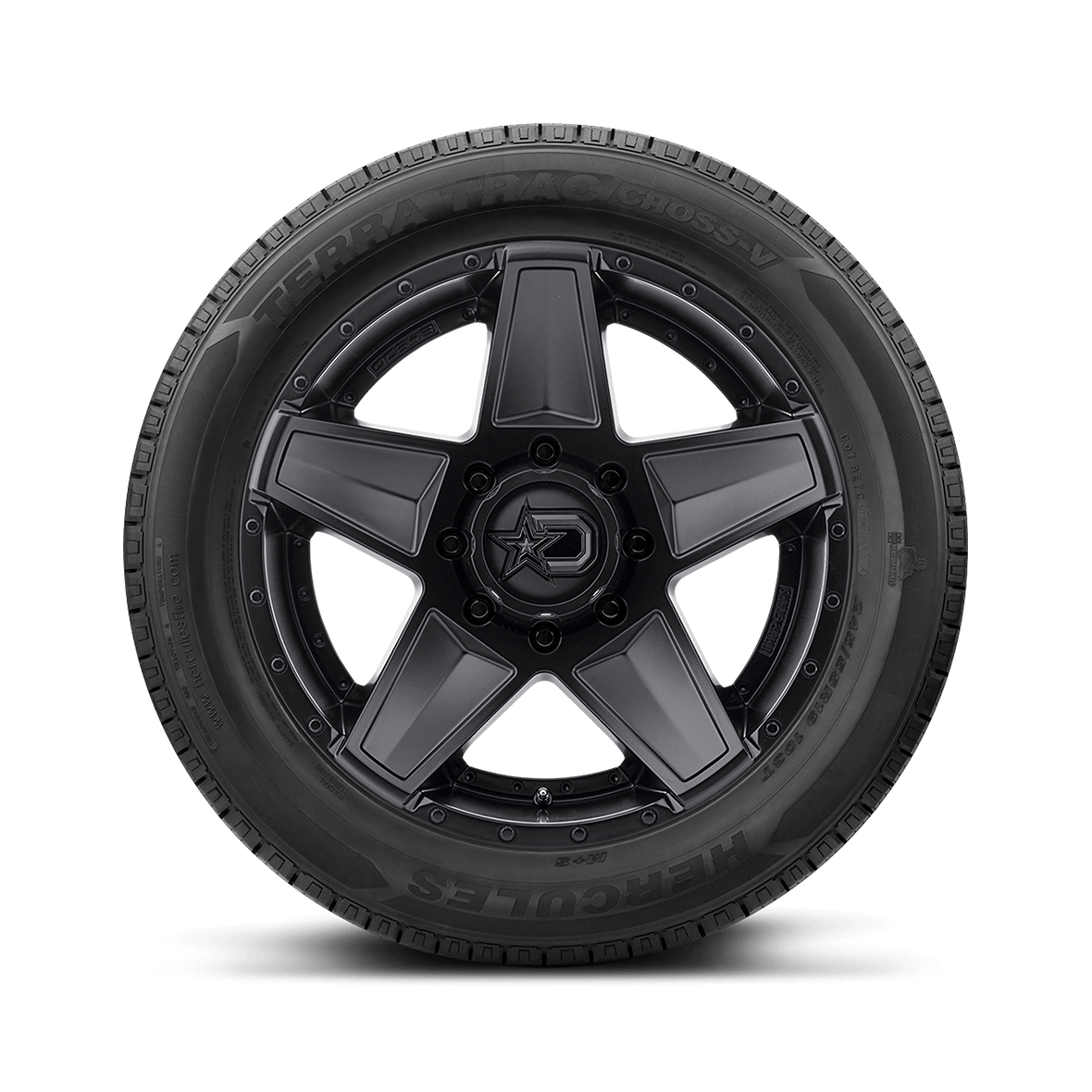 Straight on view of the Terra Trac Cross-V Light Truck sidewall design and rim on a white background.