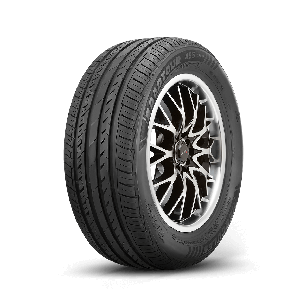 Left side tread and rim view of the Roadtour 455 Sport tire on a white background. 