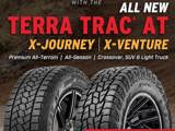 An infographic that says, "Choose your adventure with the all new Terra Trac X Journey and X Venture. Premium all terrain, all season tires for crossovers, SUVs, and light trucks." Each tire is pictured. 