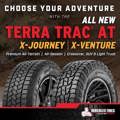 An infographic that says, "Choose your adventure with the all new Terra Trac X Journey and X Venture. Premium all terrain, all season tires for crossovers, SUVs, and light trucks." Each tire is pictured. 