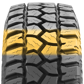 A 3D rendered close-up of the tire's profile, with the contact patch highlighted in yellow. This allows for maximum road contact, traction, and treadlife.