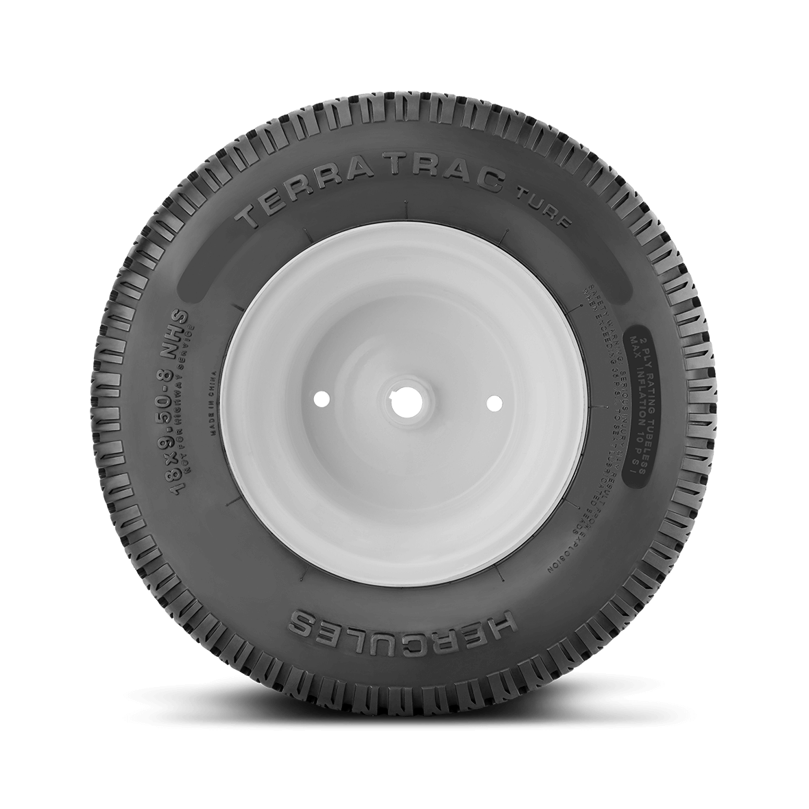 Straight on view of the Terra Trac Turf sidewall design and rim on a white background. 