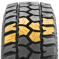 A 3D rendered close-up of the TG Max's tread pattern highlighted in yellow. It showcases the special cut-and-chip resistance rubber used to create the TG Max.