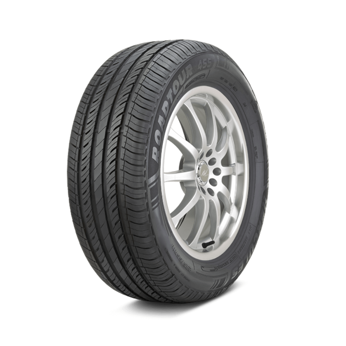 Left side tread and rim view of the Roadtour 455 tire on a white background. 
