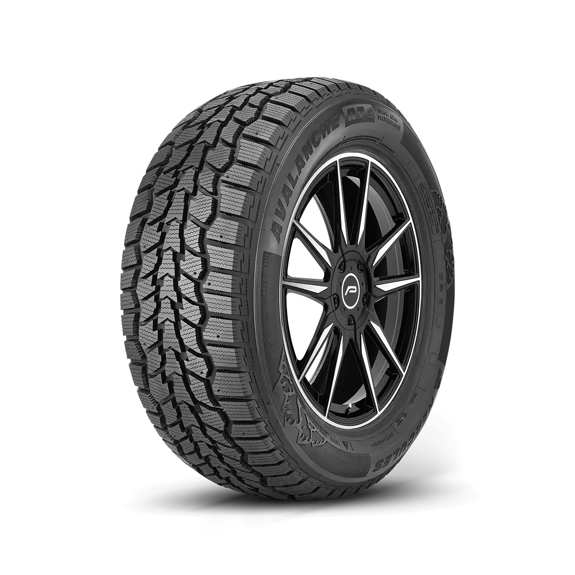 A Hercules Tires Avalanche RT tire on a white background, skewed to the left.