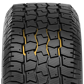 A front-facing image of the TT tire tread with the groove pattern highlighted in yellow. The grooves are deep, have saw tooth sides, and create a zig-zag pattern that enhances snow and ice traction. 