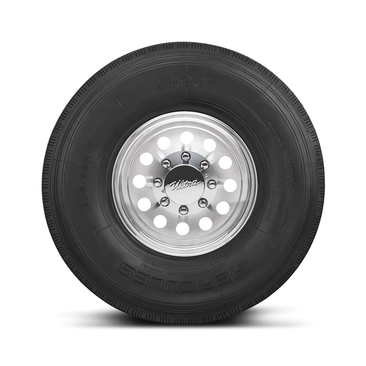 Straight on view of the H-901 Specialty Trailer sidewall design and rim on a white background. 