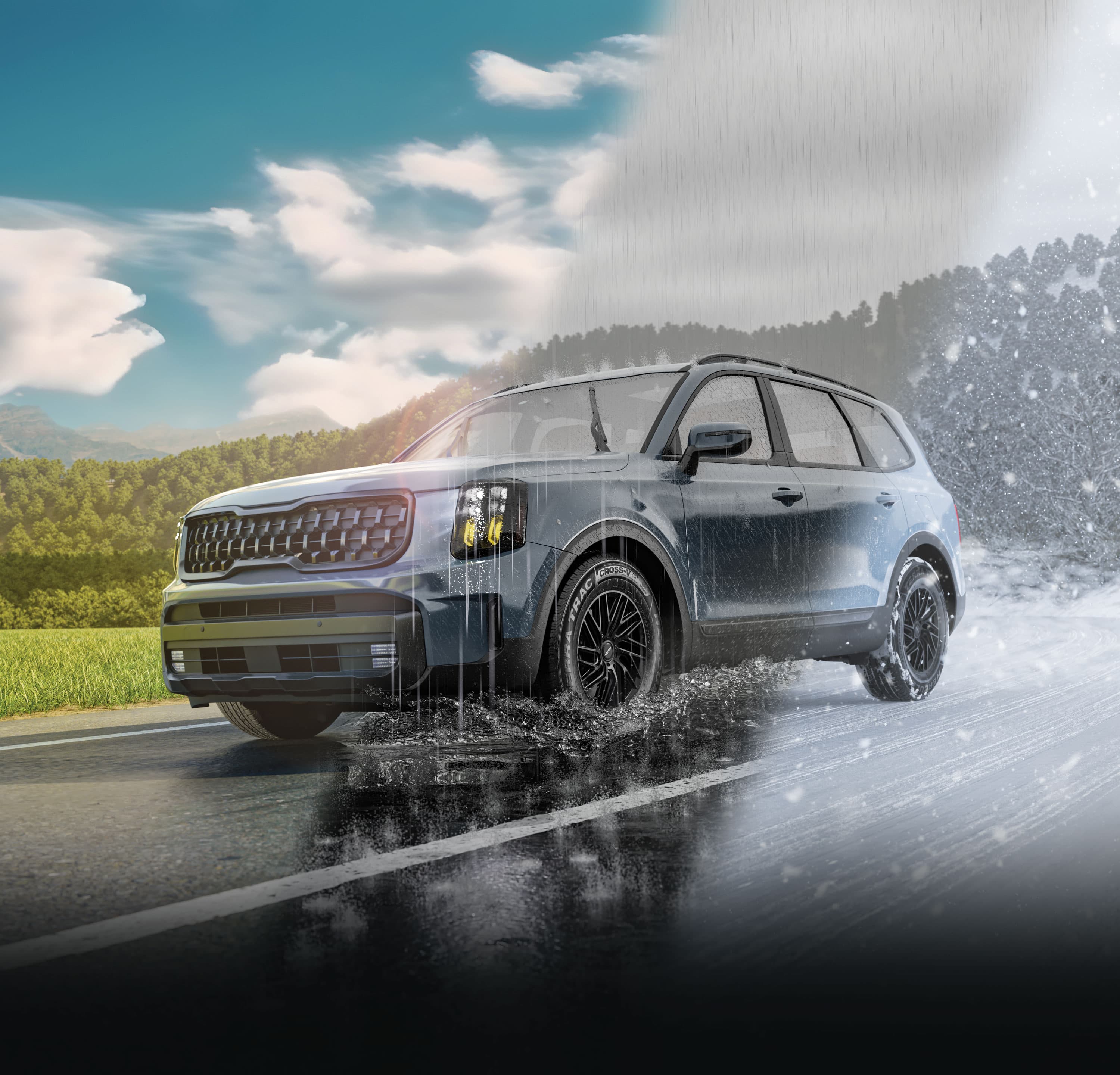 A gray SUV shown driving on a road displaying three different weather patterns outfitted in Hercules TERRA TRAC® CROSS-V AW tires.