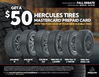 Hercules Tires Canadian Fall Rebate 2025: $50 on select tires with prepaid Mastercard. Offer 10/1–12/31/25.